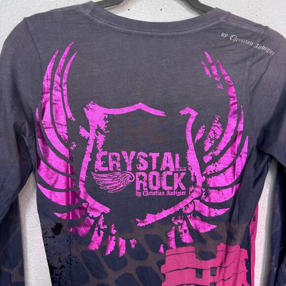 Christian Audigier Crystal Rock Y2K Shirt Women Medium Rocker Girl Tee Tunic Top - Picture 10 of 14